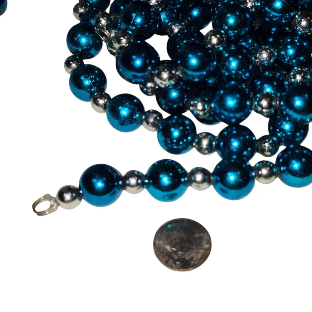 Vitange Bead Garland Holiday Decor Blue Silver 9ft x 5 Strands Metallic Festive